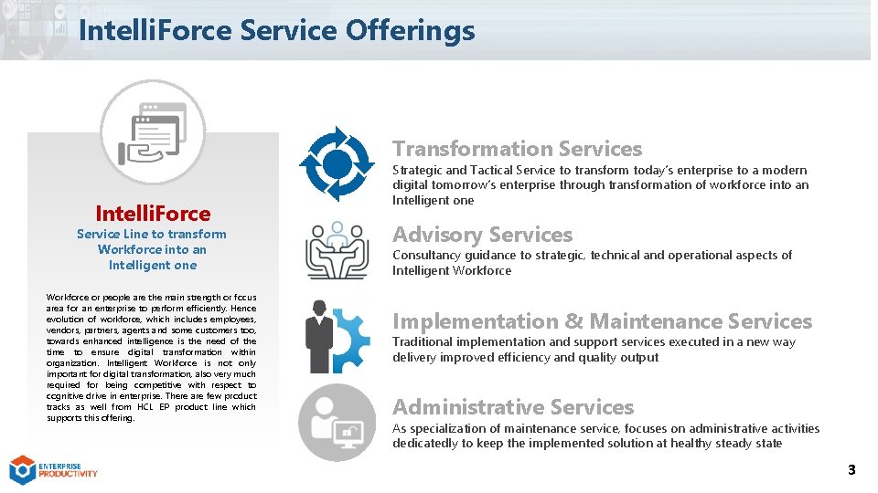 Intelli. Force Service Offerings Transformation Services Intelli. Force Service Line to transform Workforce into
