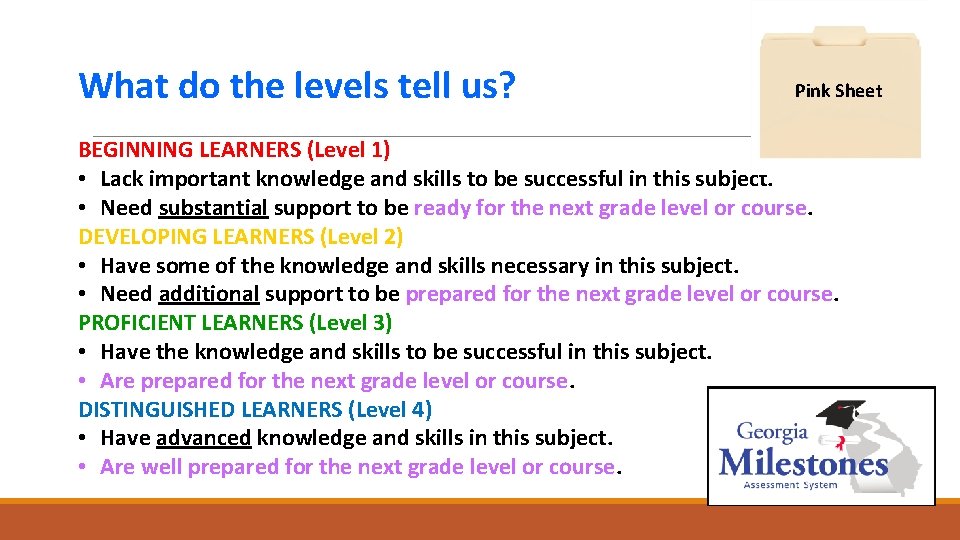 What do the levels tell us? Pink Sheet BEGINNING LEARNERS (Level 1) • Lack