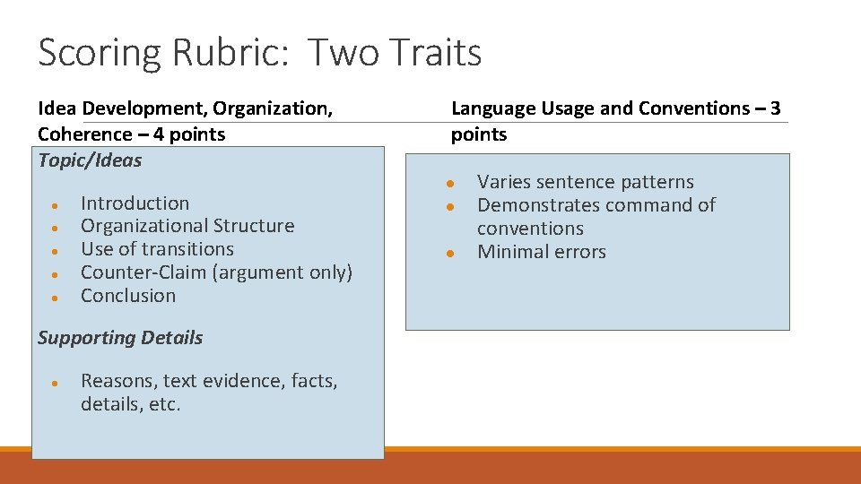 Scoring Rubric: Two Traits Idea Development, Organization, Coherence – 4 points Topic/Ideas ● ●