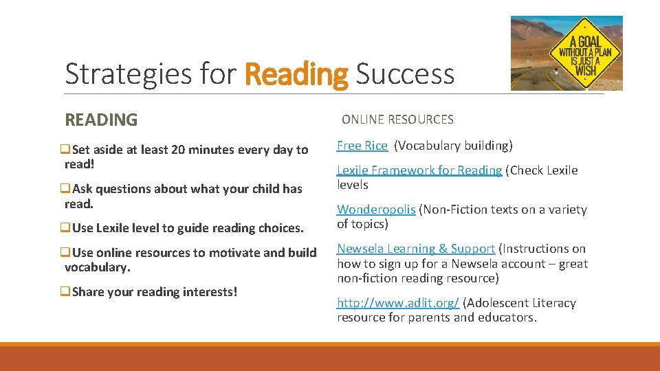 Strategies for Reading Success READING q. Set aside at least 20 minutes every day