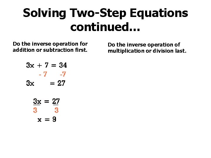 Solving Two-Step Equations continued… Do the inverse operation for addition or subtraction first. Do