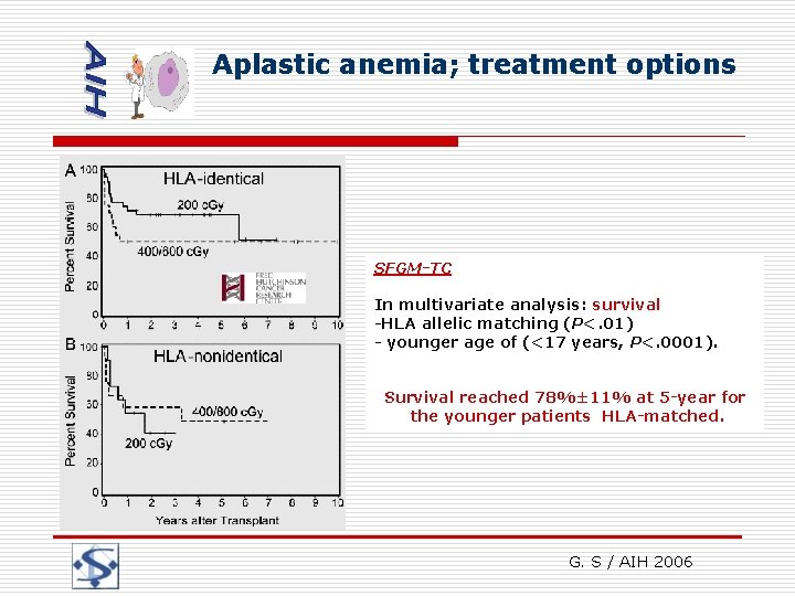 Aplastic anemia; treatment options SFGM-TC In multivariate analysis: survival -HLA allelic matching (P<. 01)