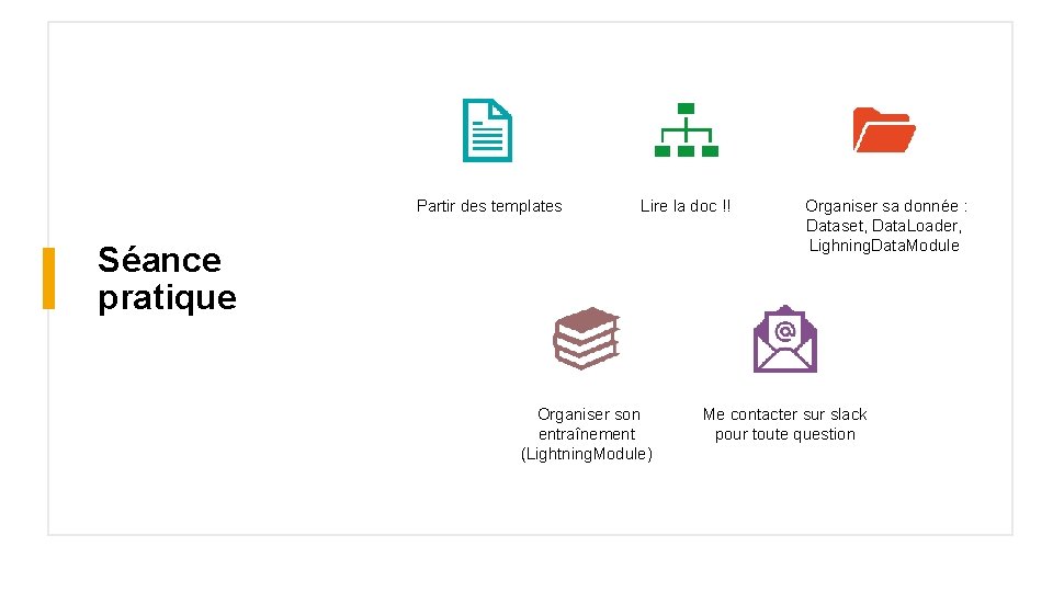 Partir des templates Lire la doc !! Séance pratique Organiser son entraînement (Lightning. Module)