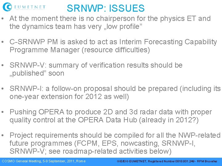 SRNWP: ISSUES • At the moment there is no chairperson for the physics ET