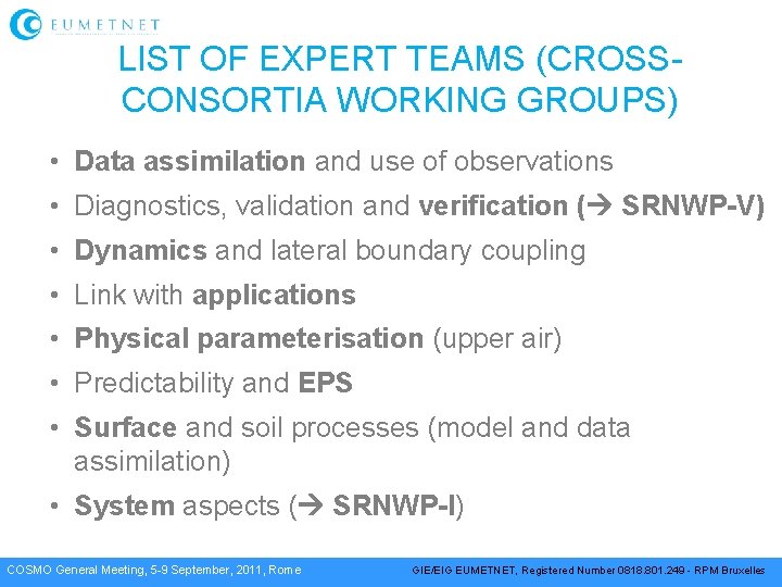 LIST OF EXPERT TEAMS (CROSSCONSORTIA WORKING GROUPS) • Data assimilation and use of observations