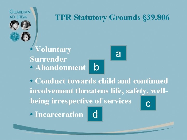 TPR Statutory Grounds § 39. 806 • Voluntary Surrender • Abandonment a b •