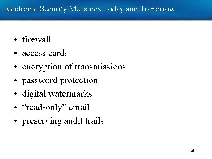 Electronic Security Measures Today and Tomorrow • • firewall access cards encryption of transmissions Electronic Security Measures Today and Tomorrow • • firewall access cards encryption of transmissions