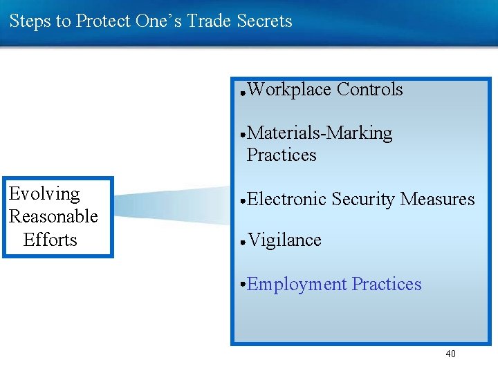 Steps to Protect One’s Trade Secrets Workplace Controls Materials-Marking Practices Evolving Reasonable Efforts Electronic Steps to Protect One’s Trade Secrets Workplace Controls Materials-Marking Practices Evolving Reasonable Efforts Electronic