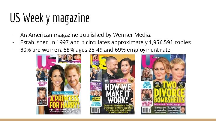 US Weekly magazine - An American magazine published by Wenner Media. Established in 1997