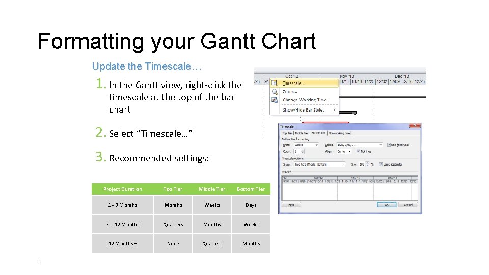 Formatting your Gantt Chart Update the Timescale… 1. In the Gantt view, right-click the