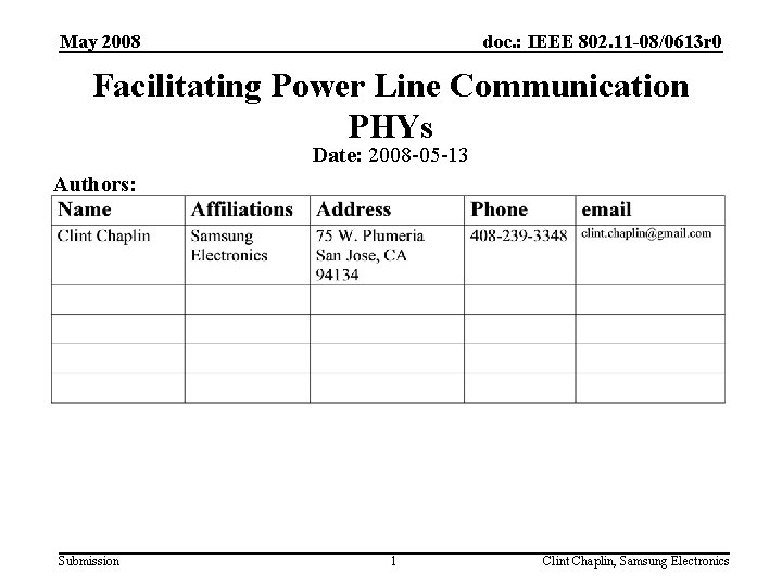 May 2008 doc. : IEEE 802. 11 -08/0613 r 0 Facilitating Power Line Communication