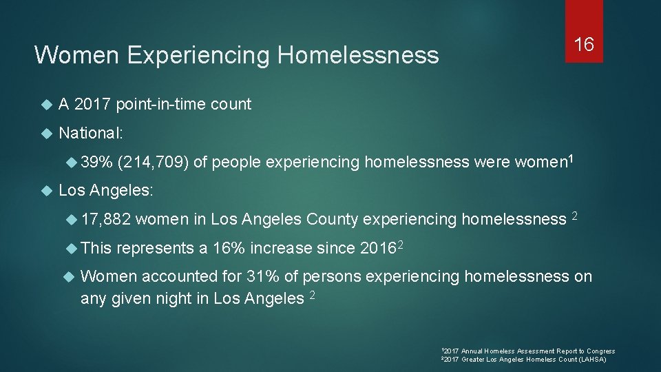 16 Women Experiencing Homelessness A 2017 point-in-time count National: 39% (214, 709) of people