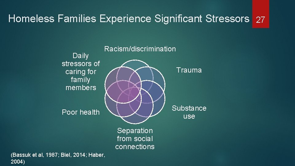 Homeless Families Experience Significant Stressors 27 Daily stressors of caring for family members Racism/discrimination