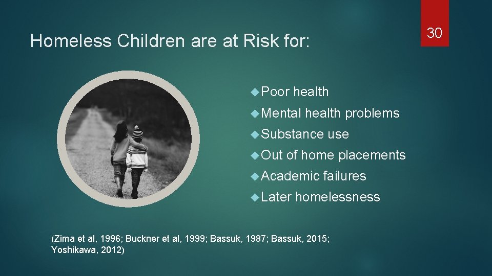 30 Homeless Children are at Risk for: Poor health Mental health problems Substance Out