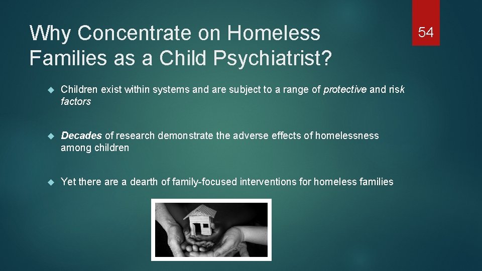 Why Concentrate on Homeless Families as a Child Psychiatrist? Children exist within systems and