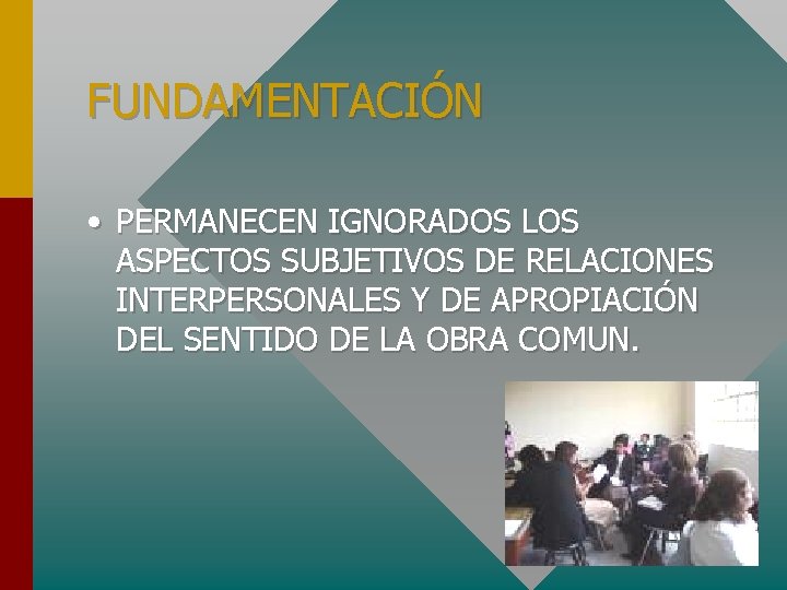 FUNDAMENTACIÓN • PERMANECEN IGNORADOS LOS ASPECTOS SUBJETIVOS DE RELACIONES INTERPERSONALES Y DE APROPIACIÓN DEL