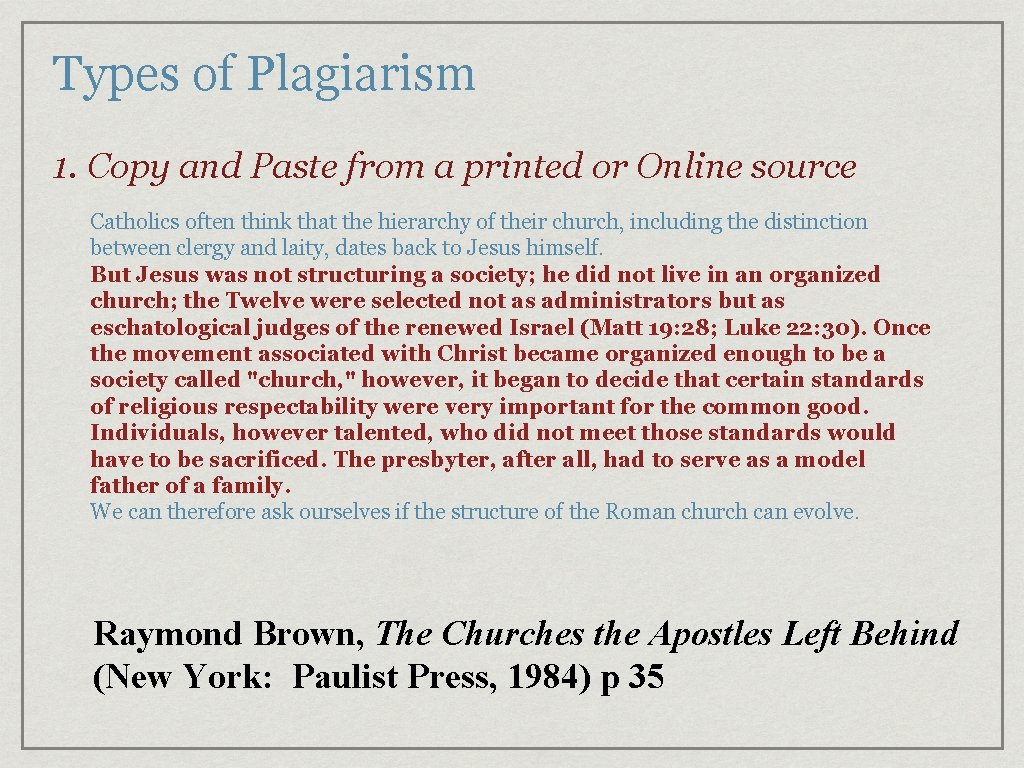 Types of Plagiarism 1. Copy and Paste from a printed or Online source Catholics Types of Plagiarism 1. Copy and Paste from a printed or Online source Catholics