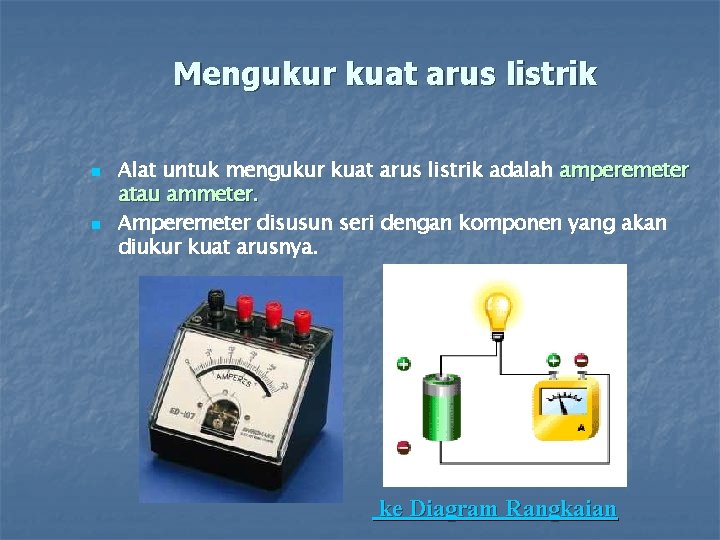 Mengukur kuat arus listrik n n Alat untuk mengukur kuat arus listrik adalah amperemeter