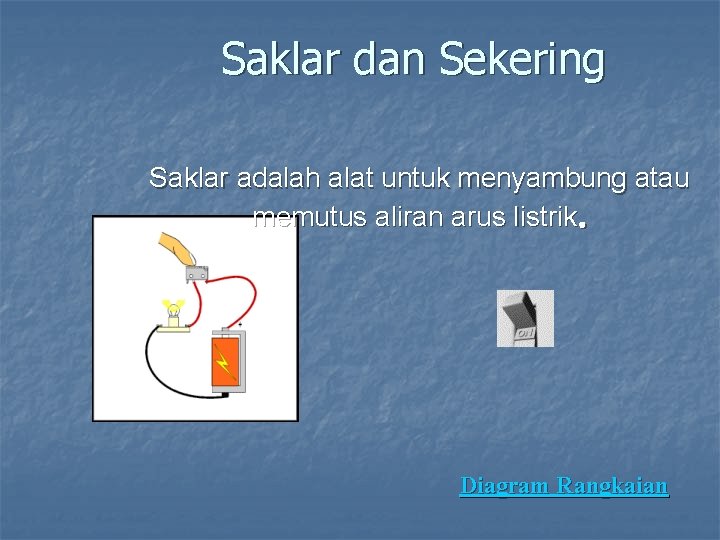 Saklar dan Sekering Saklar adalah alat untuk menyambung atau memutus aliran arus listrik. Diagram