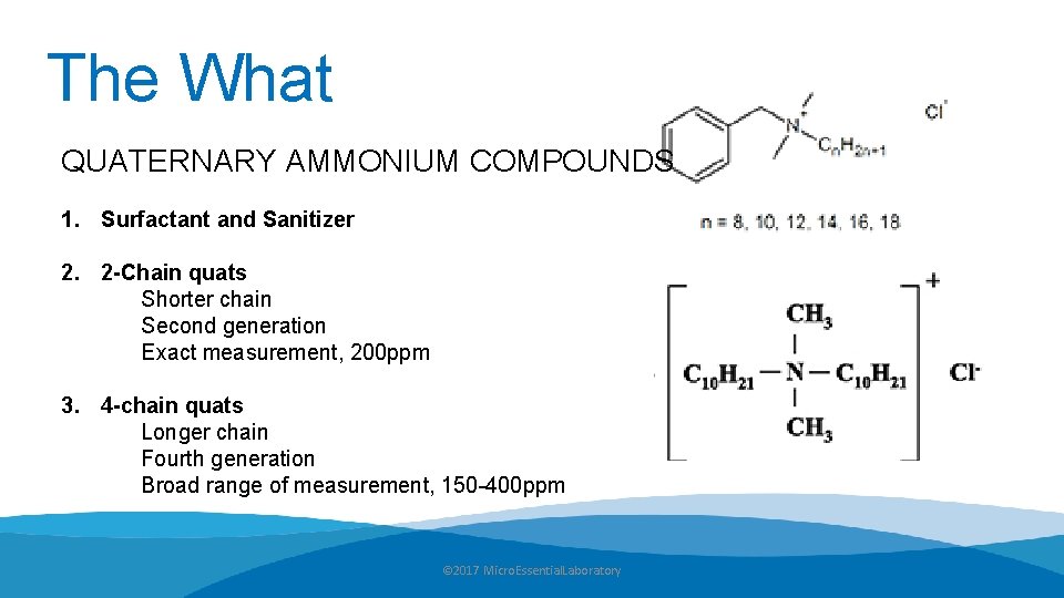 The What QUATERNARY AMMONIUM COMPOUNDS 1. Surfactant and Sanitizer 2. 2 -Chain quats Shorter