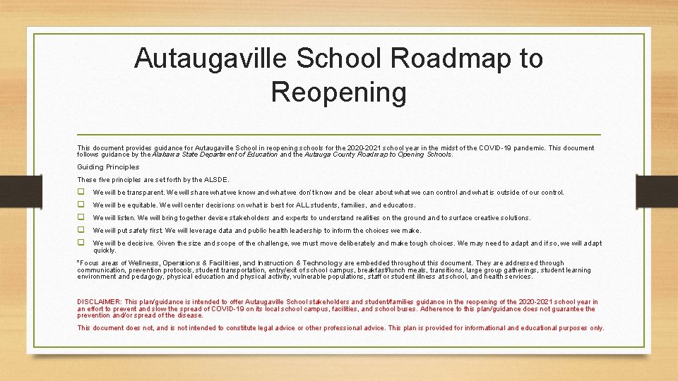 Autaugaville School Roadmap to Reopening This document provides guidance for Autaugaville School in reopening