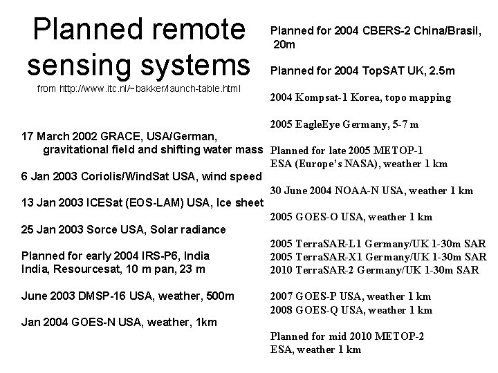 Planned remote sensing systems from http: //www. itc. nl/~bakker/launch-table. html Planned for 2004 CBERS-2