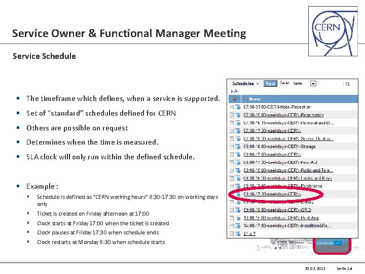 Service Owner & Functional Manager Meeting Service Schedule § The timeframe which defines, when