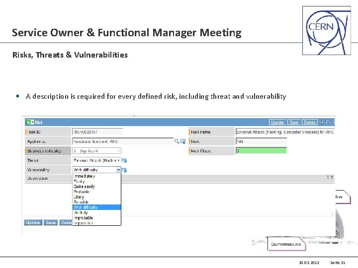 Service Owner & Functional Manager Meeting Risks, Threats & Vulnerabilities § A description is