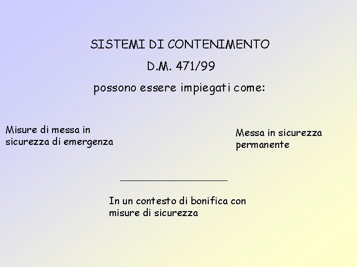 SISTEMI DI CONTENIMENTO D. M. 471/99 possono essere impiegati come: Misure di messa in