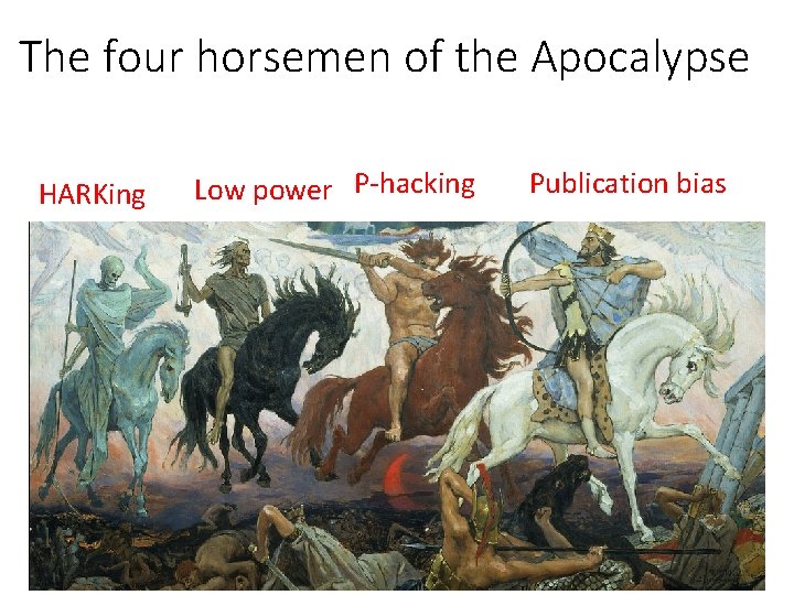 The four horsemen of the Apocalypse HARKing Low power P-hacking Publication bias 