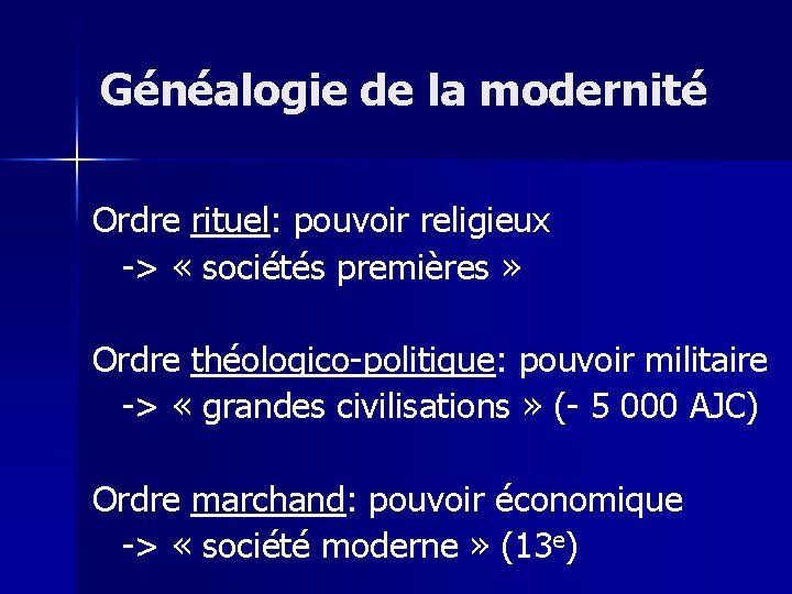 Généalogie de la modernité Ordre rituel: pouvoir religieux -> « sociétés premières » Ordre