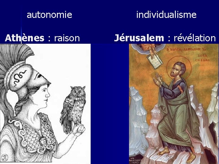 autonomie Athènes : raison individualisme Jérusalem : révélation 16 