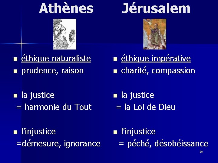 Athènes Jérusalem éthique naturaliste prudence, raison n la justice = harmonie du Tout n