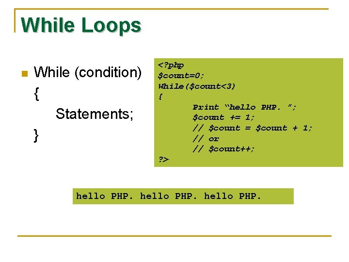 While Loops n While (condition) { Statements; } <? php $count=0; While($count<3) { Print