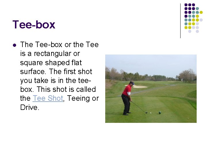 Tee-box l The Tee-box or the Tee is a rectangular or square shaped flat