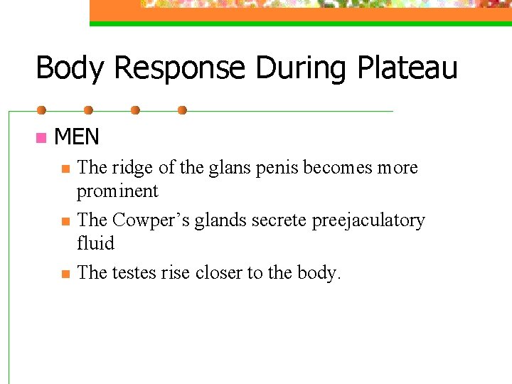 Body Response During Plateau n MEN n n n The ridge of the glans