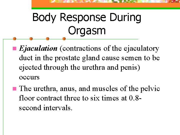 Body Response During Orgasm Ejaculation (contractions of the ejaculatory duct in the prostate gland