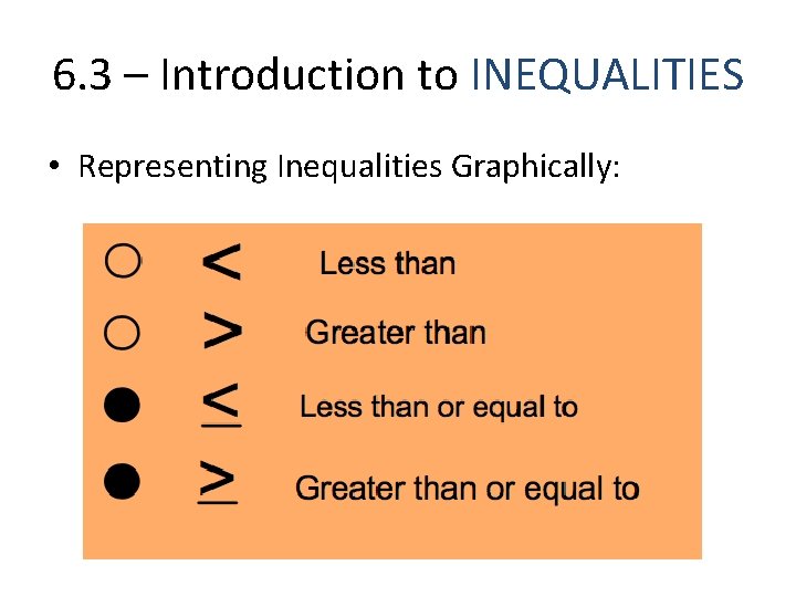 6. 3 – Introduction to INEQUALITIES • Representing Inequalities Graphically: 6. 3 – Introduction to INEQUALITIES • Representing Inequalities Graphically: