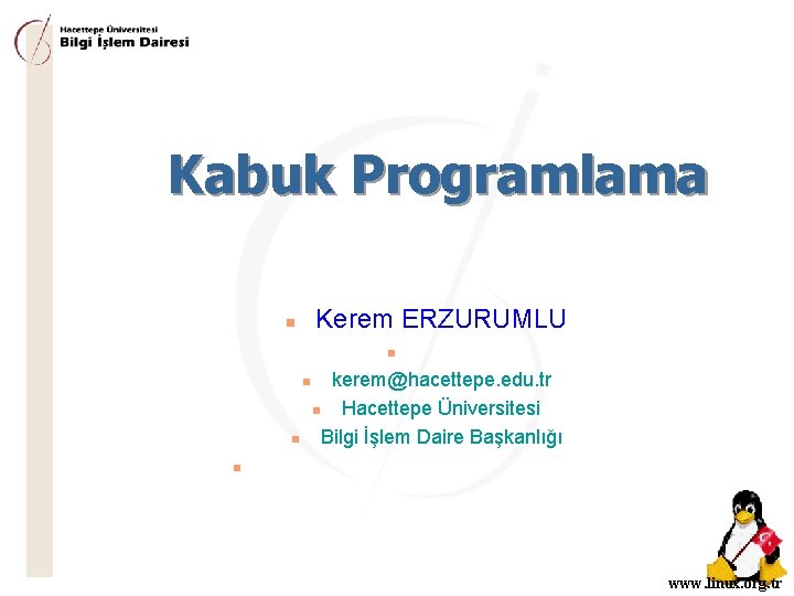 Kabuk Programlama Kerem ERZURUMLU n n kerem@hacettepe. edu. tr n Hacettepe Üniversitesi Bilgi İşlem