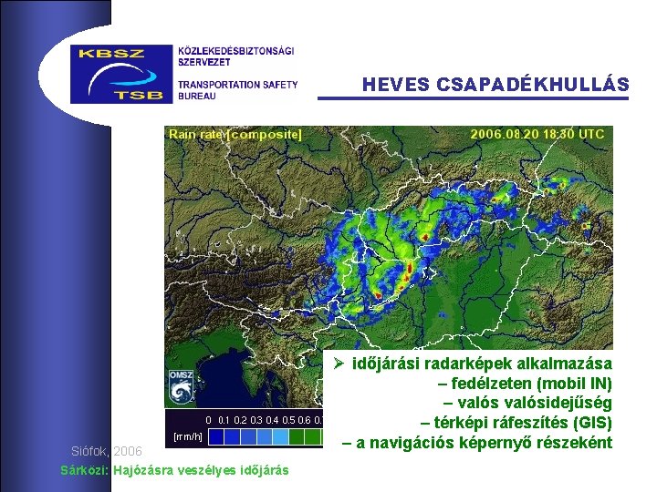 HEVES CSAPADÉKHULLÁS Siófok, 2006 Sárközi: Hajózásra veszélyes időjárás Ø időjárási radarképek alkalmazása – fedélzeten