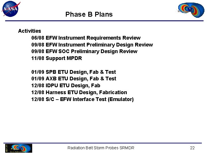 Phase B Plans Activities 06/08 EFW Instrument Requirements Review 09/08 EFW Instrument Preliminary Design