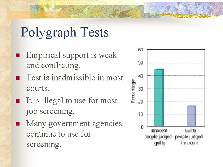 Polygraph Tests n n Empirical support is weak and conflicting. Test is inadmissible in