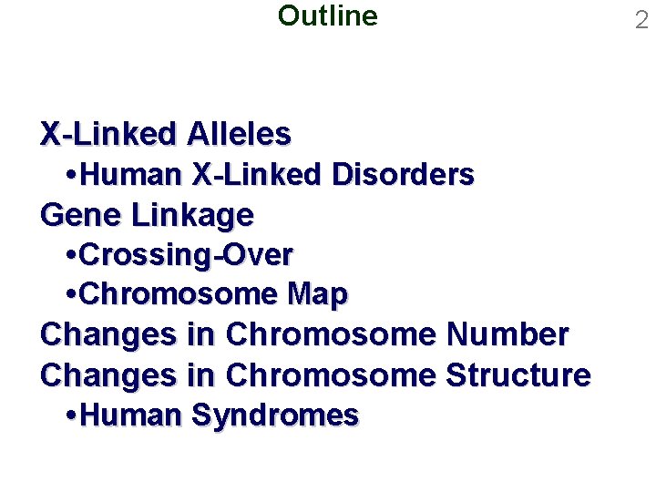 Outline X-Linked Alleles Human X-Linked Disorders Gene Linkage Crossing-Over Chromosome Map Changes in Chromosome