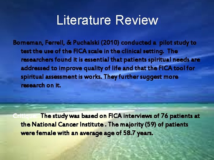 Literature Review Borneman, Ferrell, & Puchalski (2010) conducted a pilot study to test the