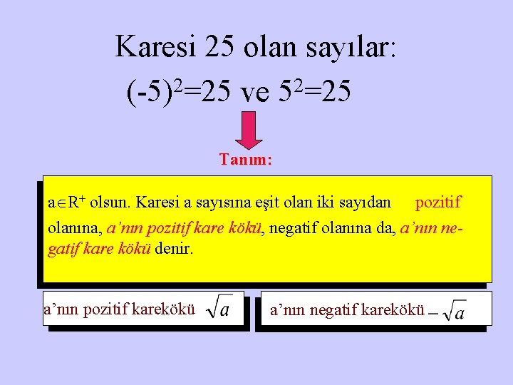 Karesi 25 olan sayılar: (-5)2=25 ve 52=25 Tanım: a R+ olsun. Karesi a sayısına