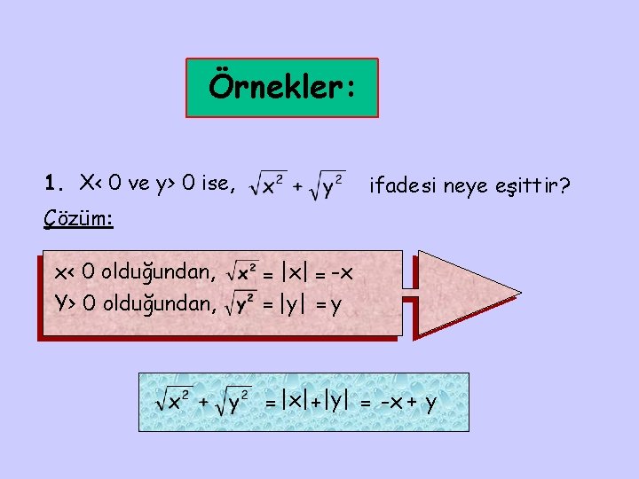 Örnekler: 1. X< 0 ve y> 0 ise, ifadesi neye eşittir? Çözüm: x< 0