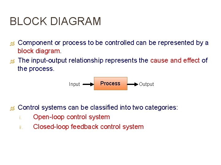 BLOCK DIAGRAM Component or process to be controlled can be represented by a block