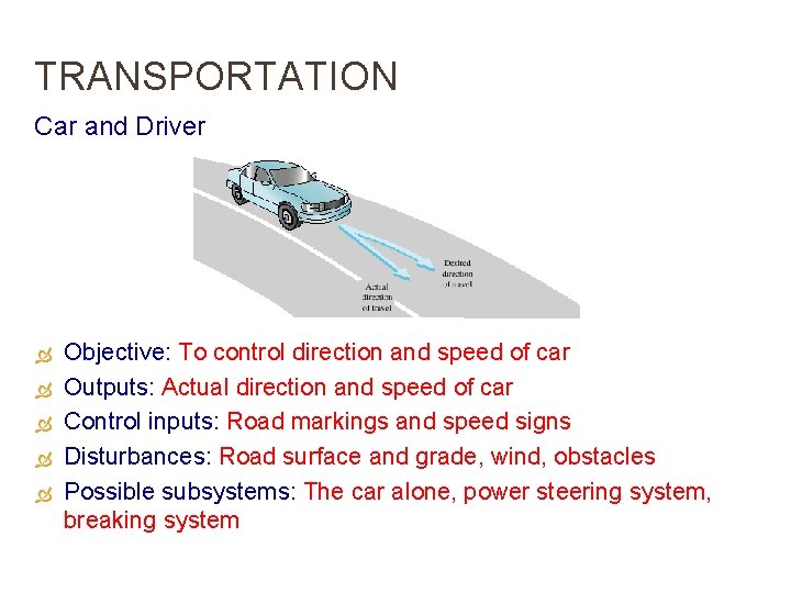 TRANSPORTATION Car and Driver Objective: To control direction and speed of car Outputs: Actual