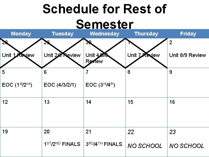 Monday Schedule for Rest of Semester Tuesday Wednesday Thursday Friday 28 29 30 1