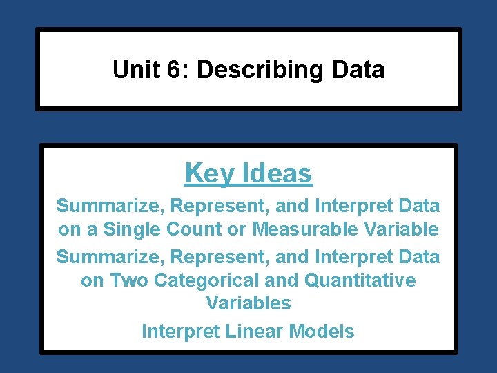 Unit 6: Describing Data Key Ideas Summarize, Represent, and Interpret Data on a Single